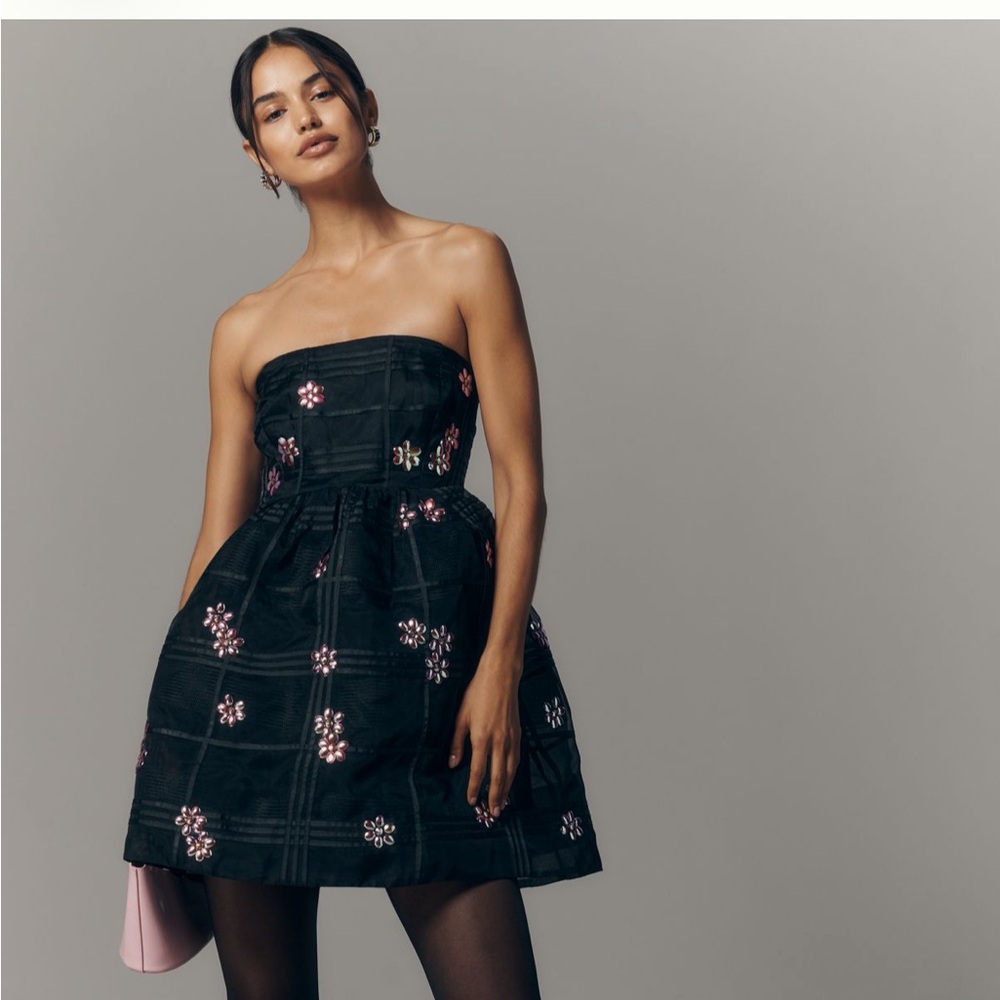 Maeve Black Strapless Dress with Pink Embellishments